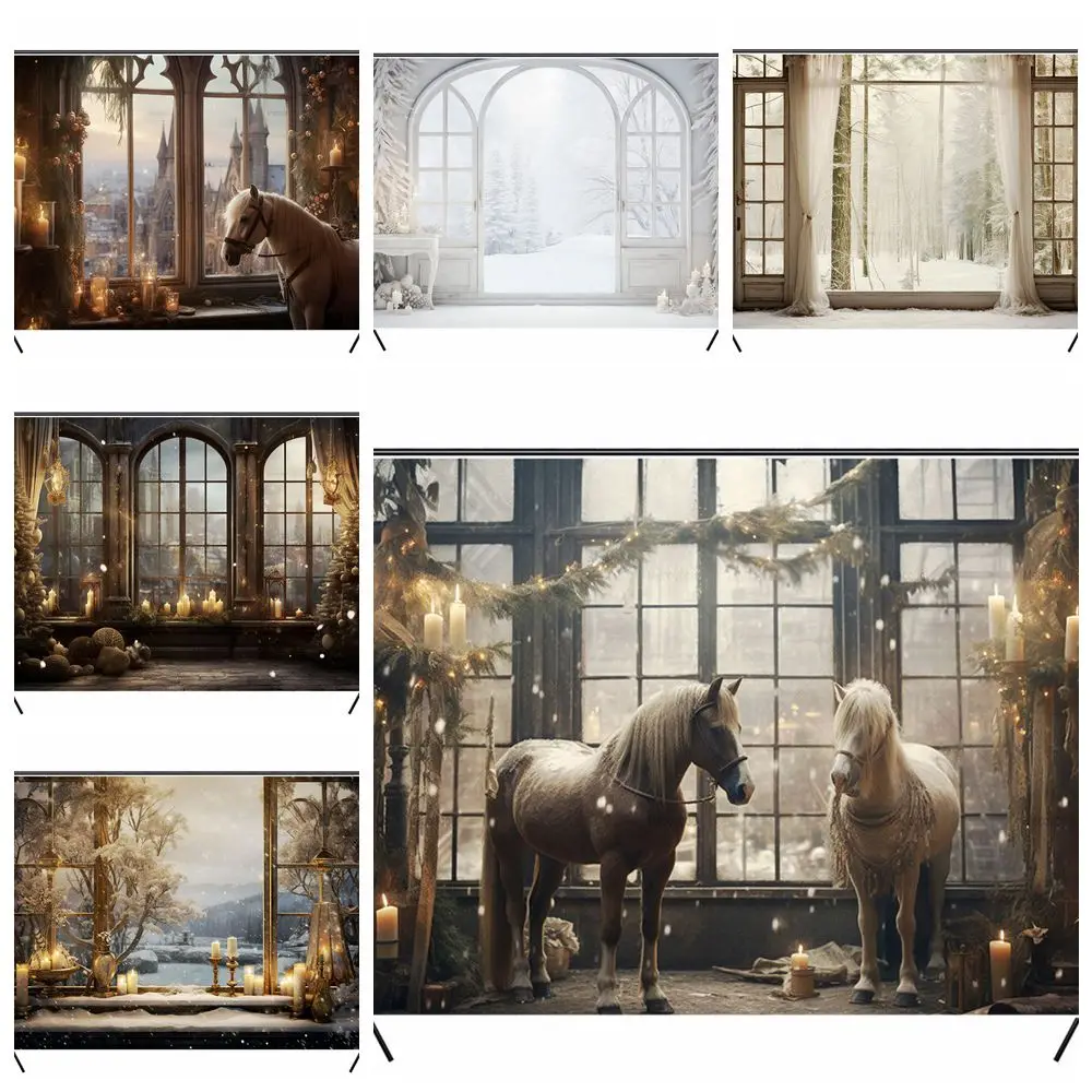Telón de fondo de ventana de Navidad, telón de fondo de caballo, árbol de Navidad, paisaje de invierno, bosque nevado, personalizado, vacaciones, País de las Maravillas, fiesta de Baby Shower
