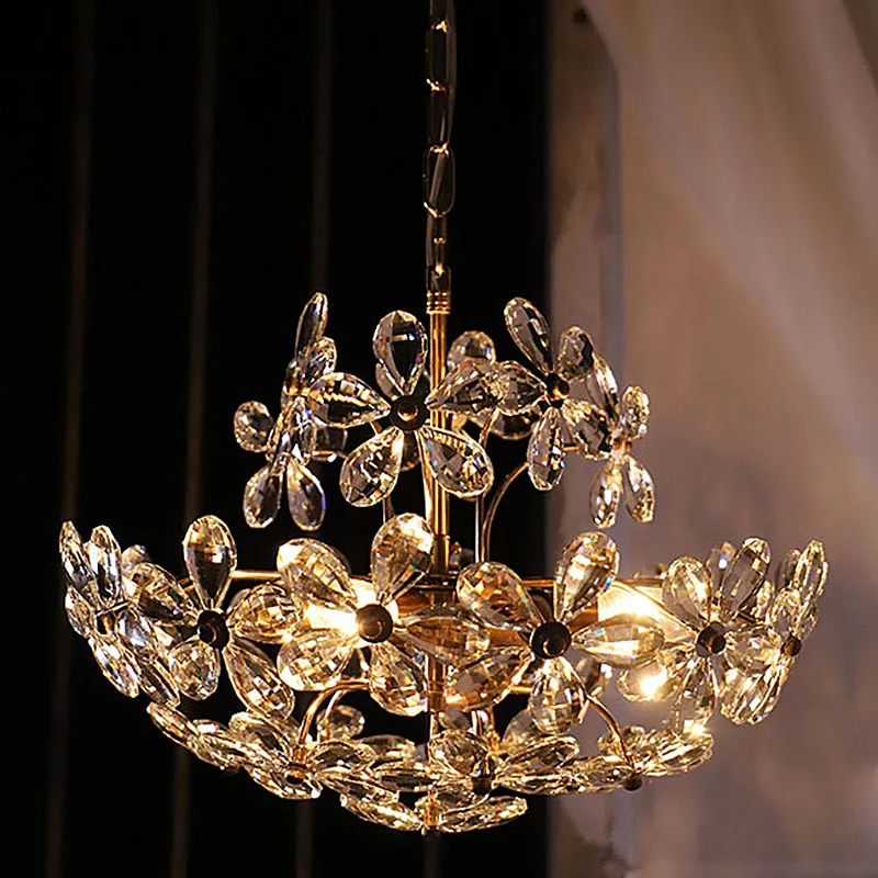 Candelabro de cobre de flor de cristal Vintage francés, lámpara colgante romántica, sala de estar Medieval americana, decoración de dormitorio