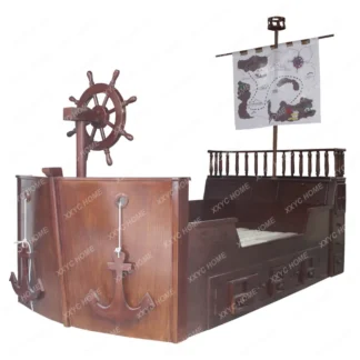 Cama individual de madera maciza para niños, cama de Barco Pirata, dibujos animados americanos, tema mediterráneo para padres e hijos