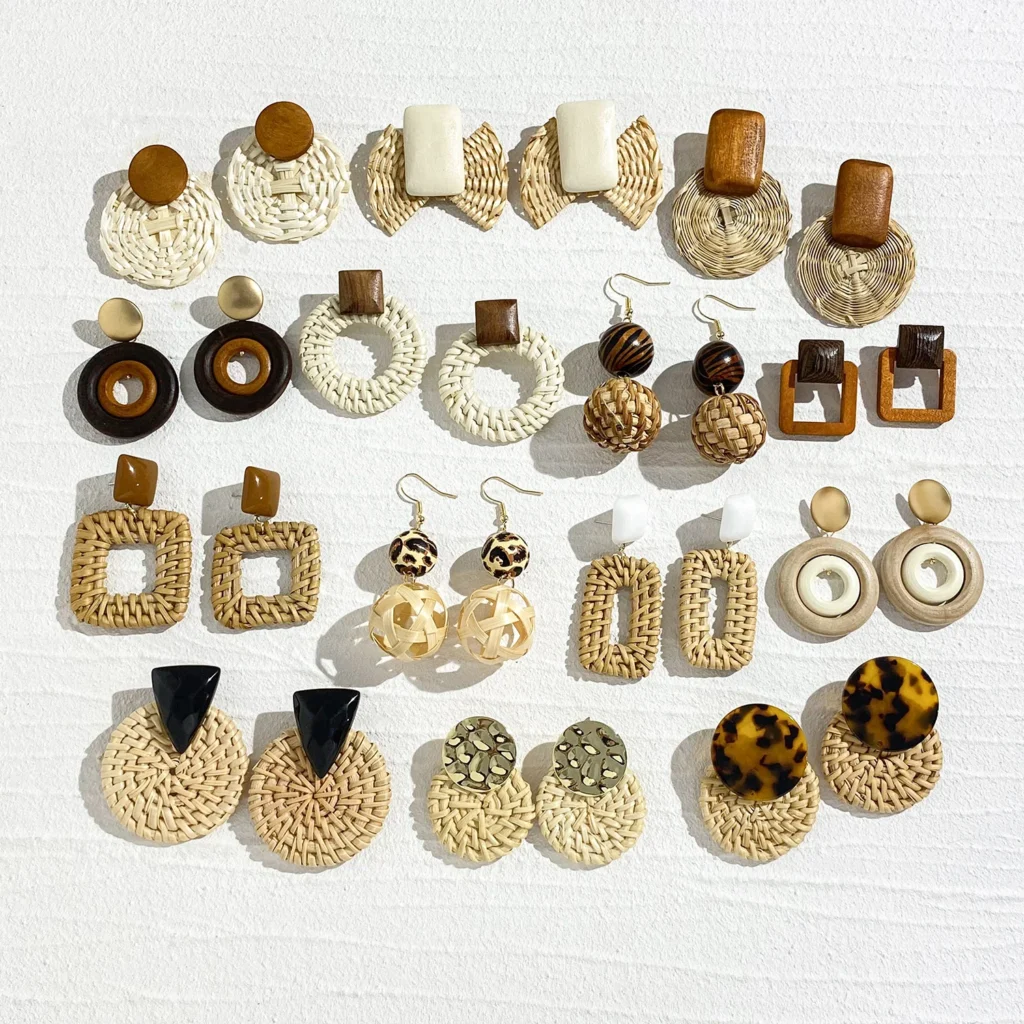 Lifefontier-pendiente de gota trenzada de ratán con bola de madera hecha a mano, colgante geométrico bohemio, joyería para fiesta en la playa, regalo