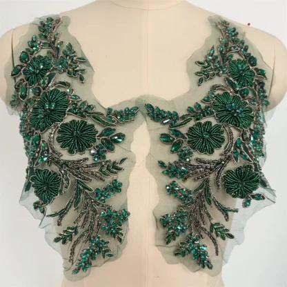 1 par de calcomanías de encaje con cuentas de cristal de hilo dorado, tocados con colgante nupcial y calcomanías de diamantes de imitación hechas a mano para el cuerpo, parches de costura