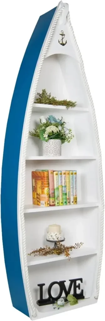 Librería de velero costero de madera de 6 pies de altura con cinco estantes, decoración de habitación náutica, barco de madera maciza con temática de playa