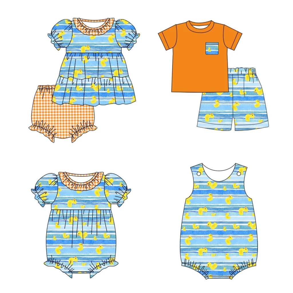 Pantalones cortos de manga corta de pato amarillo para niños y niñas, ropa de Boutique, venta al por mayor, seda de leche de verano