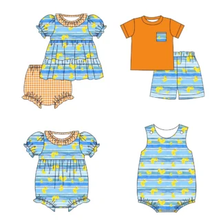 Pantalones cortos de manga corta de pato amarillo para niños y niñas, ropa de Boutique, venta al por mayor, seda de leche de verano