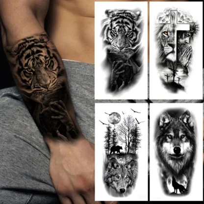 Tatuajes Temporales impermeables para hombres y mujeres, pegatinas de tatuaje de animales, León, Tigre, oso, corona de Lobo, arte corporal, tatuaje falso para brazo