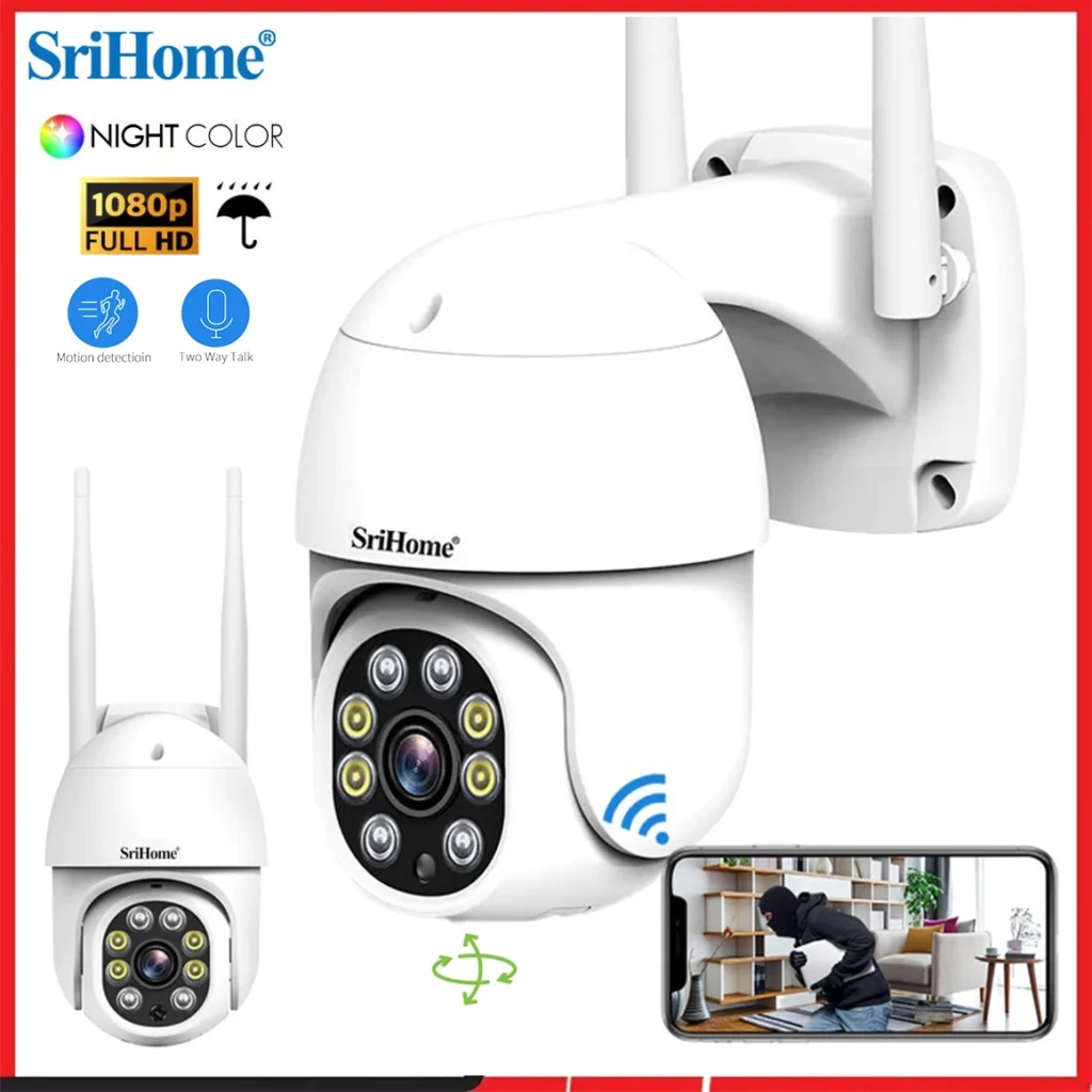 SriHome-cámara IP SP028 de 2MP SH052 5MP PTZ, WiFi, IA, seguimiento automático, para exteriores, Audio bidireccional, visión nocturna en Color, vigilancia CCTV