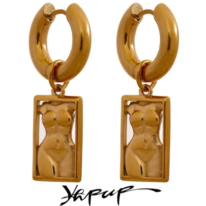 Yhpup-pendientes de aro de acero inoxidable para mujer, aretes de aro inusuales, resistentes al agua, de Metal personalizado, joyería elegante de Color dorado