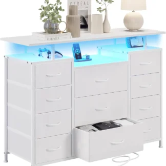 Cómoda de 11 cajones con cajones de tela, estación de carga, luces LED y estantes para organización de almacenamiento en dormitorio