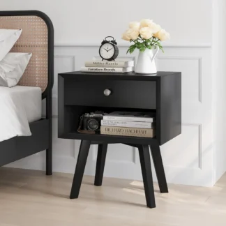 Mesita de noche negra, mesita de noche moderna de mediados de siglo con cajón, mesa auxiliar de madera para espacio pequeño, mesa auxiliar con almacenamiento