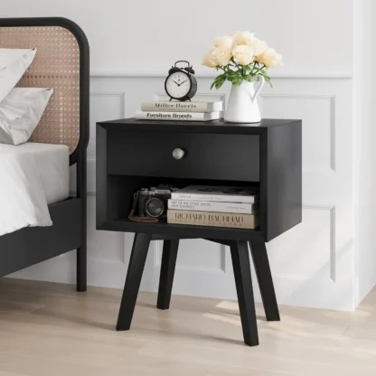 Mesita de noche negra, mesita de noche moderna de mediados de siglo con cajón, mesa auxiliar de madera para espacio pequeño, mesa auxiliar con almacenamiento