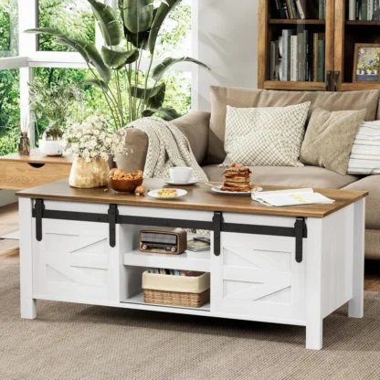 Mesa de centro de granja con puertas corredizas y almacenamiento, mesa de salón rústica moderna con estantes ajustables