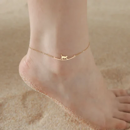 Tobillera con dije de gato de cadena coreana pequeña para mujer, Color dorado, hoja, latido del corazón, chapado en plata, colgante de pies de gato, tobillera de verano, joyería