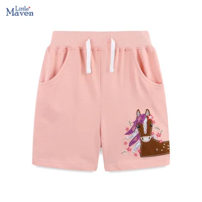 Little maven, ropa para niñas pequeñas, pantalones cortos rosas con dibujos de unicornios bordados de verano 2025, pantalones cortos de algodón suave para niños de 2 a 7 años