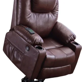 Sofá reclinable con elevación eléctrica con masaje y calor para personas mayores, 3 posiciones, 2 bolsillos laterales y portavasos, por USB