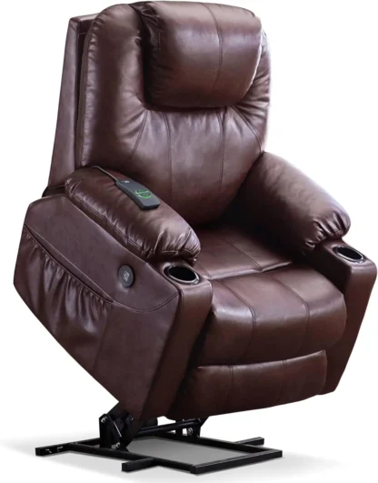 Sofá reclinable con elevación eléctrica con masaje y calor para personas mayores, 3 posiciones, 2 bolsillos laterales y portavasos, por USB
