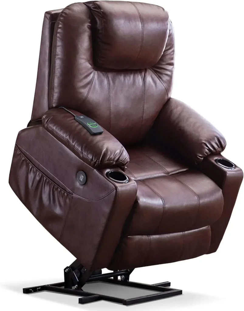 Sofá reclinable con elevación eléctrica con masaje y calor para personas mayores, 3 posiciones, 2 bolsillos laterales y portavasos, por USB