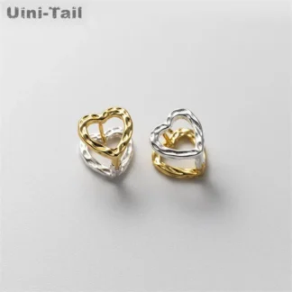 Uini-tail-pendientes de plata tibetana en forma de corazón, cierre de oreja hueco en dos tonos, tendencia dinámica de temperamento, 925