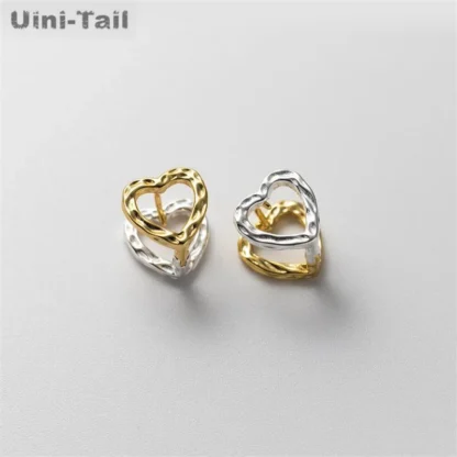 Uini-tail-pendientes de plata tibetana en forma de corazón, cierre de oreja hueco en dos tonos, tendencia dinámica de temperamento, 925
