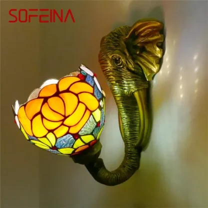 SOFEINA-Lámparas de pared de elefante Tiffany, lámpara frontal de espejo de baño de dormitorio Vintage, lámpara de pared de vidrio manchado de restaurante de Hotel