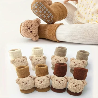 Calcetines gruesos de algodón para bebé, medias cálidas y acogedoras con dibujos de oso, antideslizantes para niños y niñas