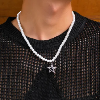 Collares con colgante de estrella de moda Unisex, Collar de cadena de cuentas de perlas simuladas, accesorio de encanto minimalista para mujer