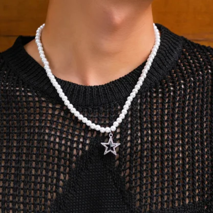 Collares con colgante de estrella de moda Unisex, Collar de cadena de cuentas de perlas simuladas, accesorio de encanto minimalista para mujer