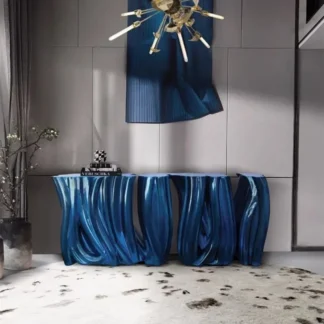 Mesa larga y estrecha, muebles de diseño, mesa con vista lateral, consola de lujo contra la pared, mesas consolas de alto sentido