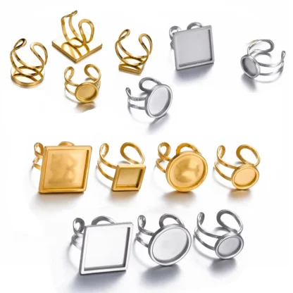 10 Uds. De ajustes de anillo abierto de acero inoxidable, Base plana en blanco, anillo cuadrado redondo, accesorios DIY, fabricación de joyas al por mayor