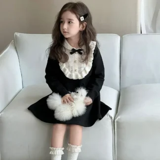Vestido de princesa de manga larga de lana tejido para niñas de 2 a 8 años, suéter cálido para otoño e invierno, ropa informal para niños