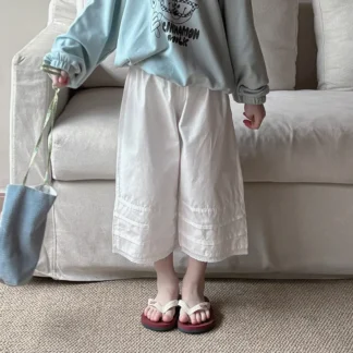 Pantalones de pierna recta con volantes de encaje para niñas, ropa informal de cintura alta, Simple, combina con todo, estilo coreano, novedad de verano 2024