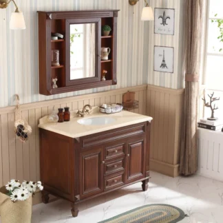 Mueble de baño americano, lavabo de madera maciza de roble rojo, combinación de lavabo de baño de mármol, suelo europeo simple