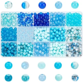 900 Uds. Cuentas de vidrio de 6mm, cuentas azules, 15 estilos, espaciadores sueltos redondos de vidrio craquelado azul marino, kit de fabricación de vidrio artesanal