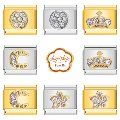 Hapiship familia mujeres moda corona redonda estrella Luna CZ encanto enlaces ajuste 9mm pulsera de acero inoxidable hacer joyería DIY NEW125