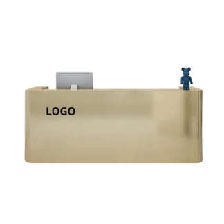 Mostrador de caja de acero inoxidable para tienda personalizada, mostrador pequeño de recepción, color dorado, plateado