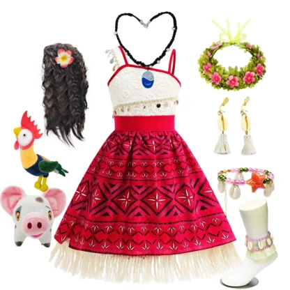 Moana-vestido nuevo para niñas, ropa de princesa, vestido para niños, collar, cerdo, pollito, carnaval, fiesta de Halloween, conjunto de disfraz de verano