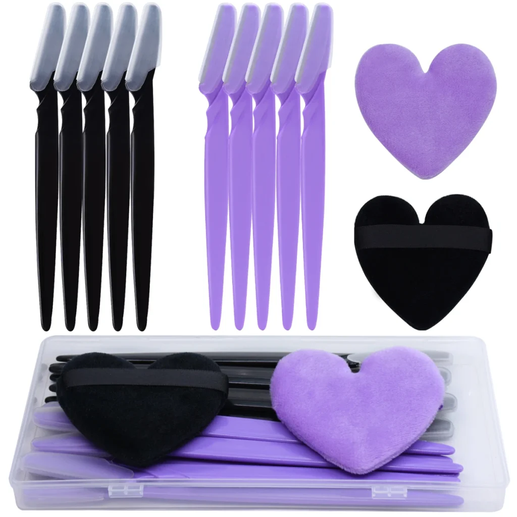 Maquinilla de afeitar para cejas, Kit de herramientas de belleza, 10 piezas, recortadora y 2 piezas de esponja de maquillaje con estuche, eliminador de vello facial y corporal