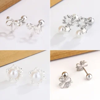 Pendientes de tuerca de flor de perla de Bowknot dulce para mujeres y niñas, Color plateado, pendiente versátil, regalo de joyería de fiesta de cumpleaños