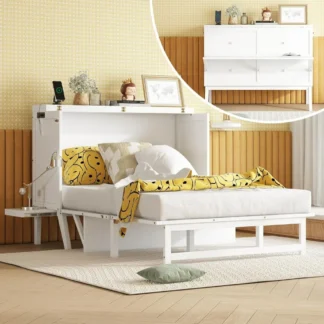 Gabinete de cama completo Murphy con estación de carga y estantes extraíbles, cómoda de pared de madera maciza de pino con escritorio para habitación pequeña