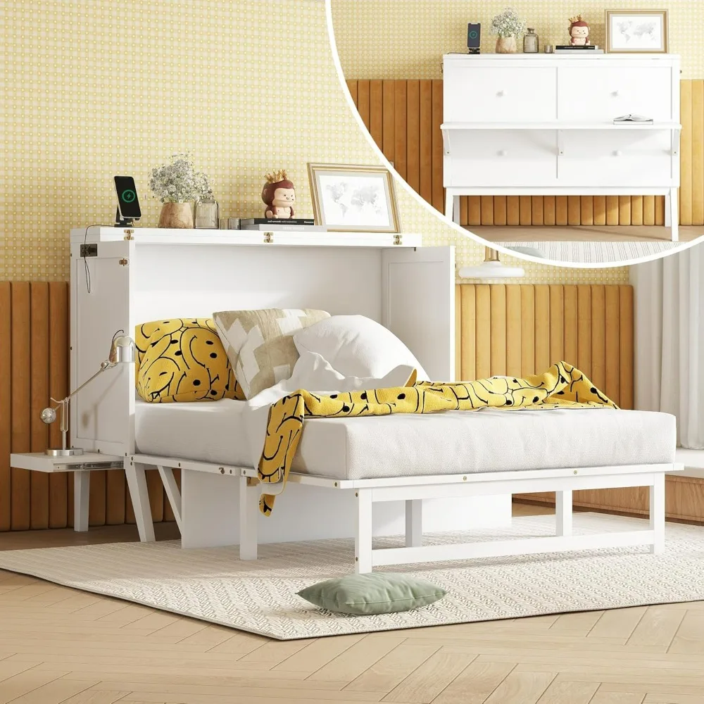 Gabinete de cama completo Murphy con estación de carga y estantes extraíbles, cómoda de pared de madera maciza de pino con escritorio para habitación pequeña
