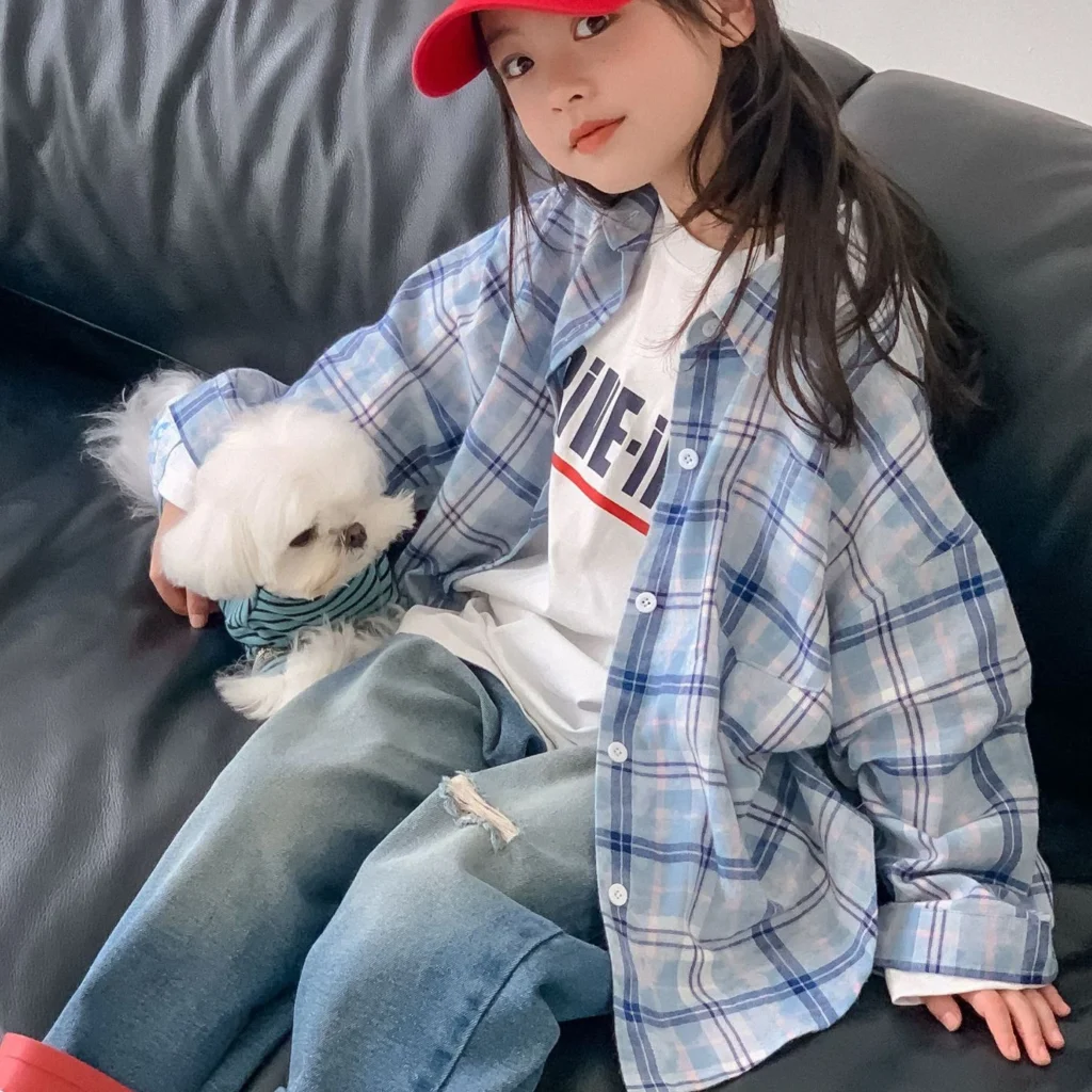Abrigo para niñas, primavera 20224, nueva ropa coreana para niños, abrigo camisero fino a cuadros azul Neutral informal a cuadros que combina con todo
