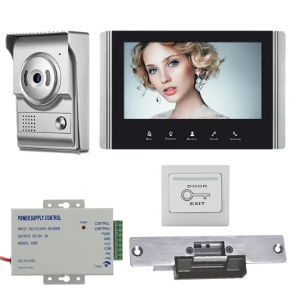 Sistemas de intercomunicación para videoportero con cable de 7 pulgadas a través de unidad interior, cerradura electrónica de puerta abierta, Control de acceso y unidad de alimentación