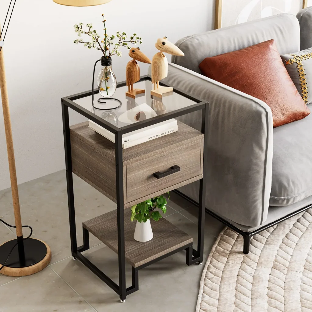 Mesita de noche Senfot, mesa auxiliar con cajón de almacenamiento y tapa de vidrio templado de almacenamiento de 3 niveles, mesita de noche con estructura de acero
