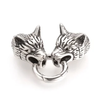 Cierre de llave de acero inoxidable con cabeza de lobo y dos tapas de extremo de cordón, color plata antigua, 61x18x16,5 mm