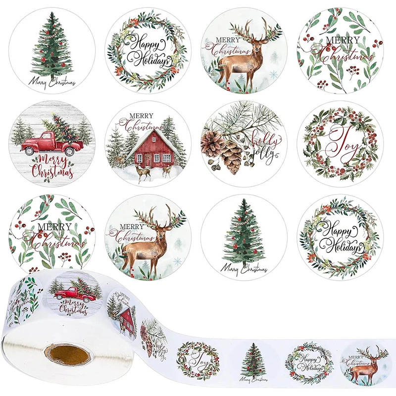 500 Uds. Rollo de pegatinas navideñas, etiquetas adhesivas decorativas de Navidad, decoraciones de embalaje de dibujos animados de Feliz Navidad 2025