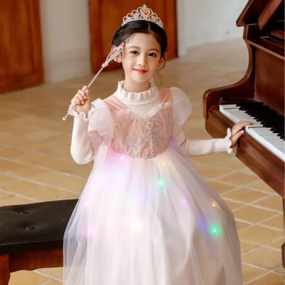 Vestido de lentejuelas de copo de nieve Rosa luminoso para niñas, suéter, primavera y otoño, nuevo, 2024