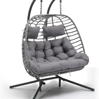 Silla doble con forma de huevo con soporte para uso exterior e interior, acogedora silla columpio con forma de huevo para 2 personas, sofá de dos plazas colgante plegable (gris oscuro)