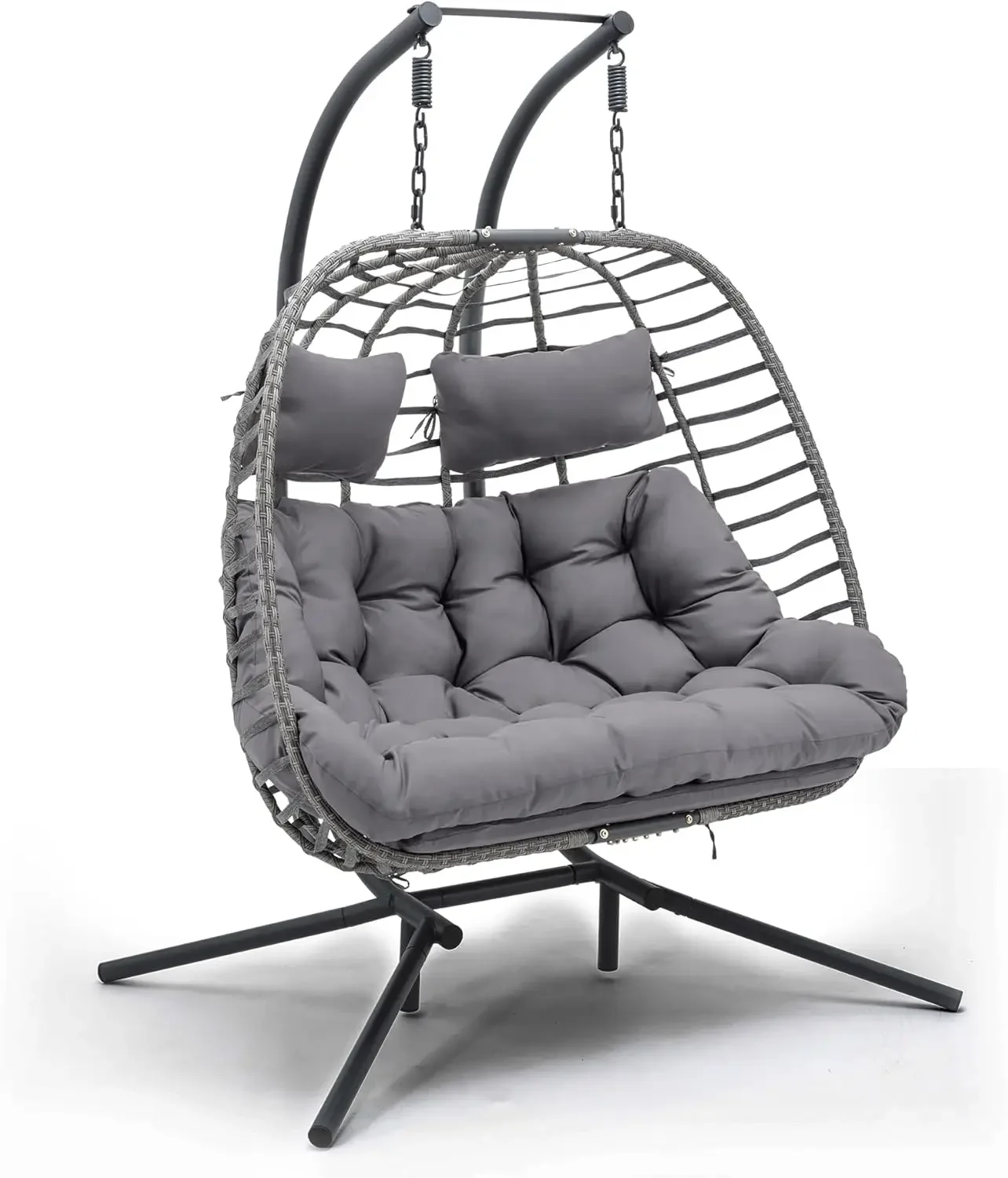Silla doble con forma de huevo con soporte para uso exterior e interior, acogedora silla columpio con forma de huevo para 2 personas, sofá de dos plazas colgante plegable (gris oscuro)