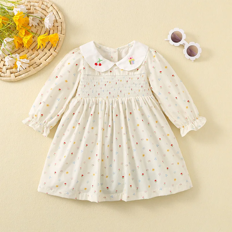 Vestido para niñas con estampado de pastel de cereza bordado, traje de princesa de estilo coreano para niños, ropa de primavera y otoño 2024