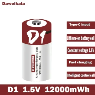 Daweikala 1,5 V 12000mWh batería USB tipo C D1 Lipo LR20 batería de polímero de litio cargada rápidamente a través del cable USB tipo C