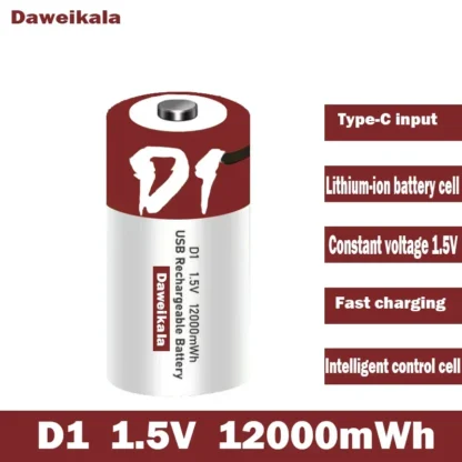 Daweikala 1,5 V 12000mWh batería USB tipo C D1 Lipo LR20 batería de polímero de litio cargada rápidamente a través del cable USB tipo C
